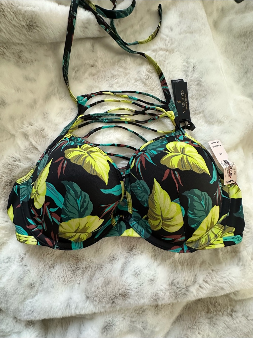 PINK Victoria's Secret Black Tropical Leaf Strappy Bikini Top